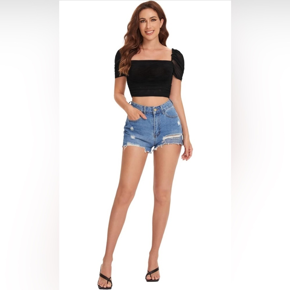 Floerns Summer Ruched Mesh Crop Tops Square Neck Puff Short Sleeve T Shirt